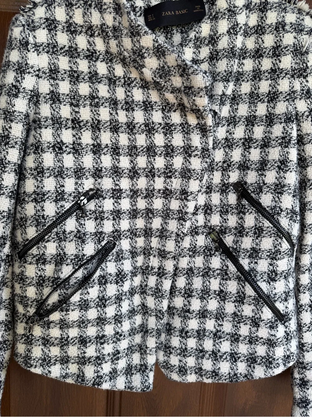 Zara Black and White Check Tweed Business Stylish Moto Blazer